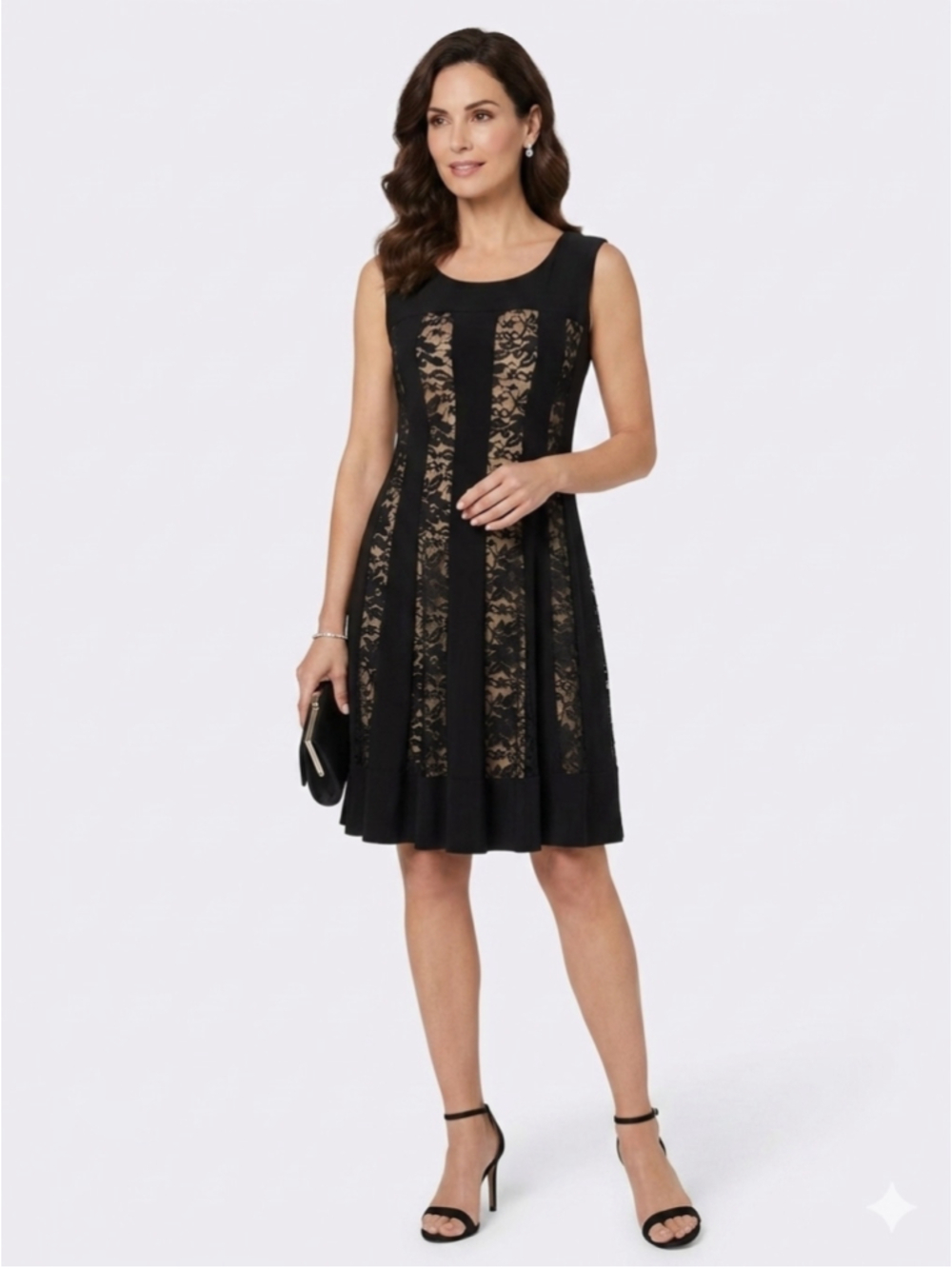 Women's Connected Apparel Black Lace Vertical Panel Dress Nude Lining Size 6 753